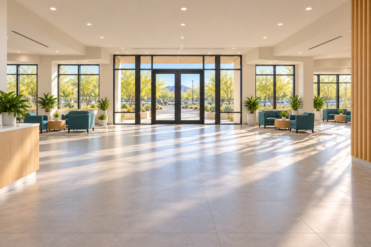 The church lobby, looking toward the front doors, with the welcome counter and teal seating.