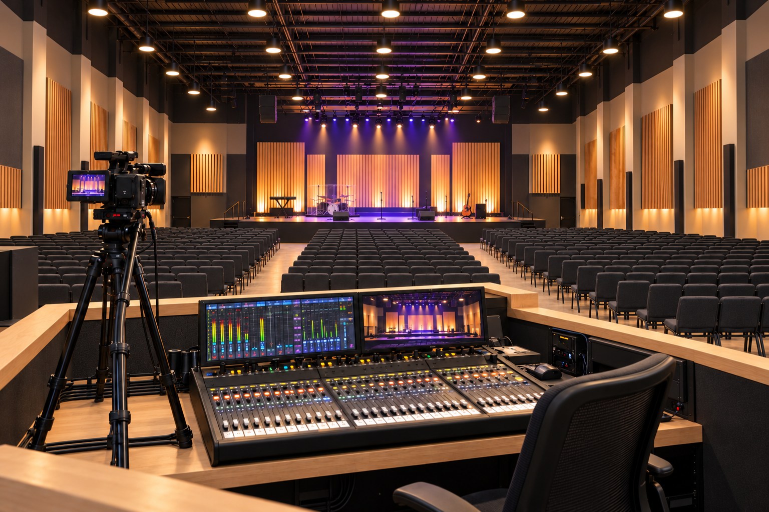 The production booth at the back of the worship center, with the sound console and camera.